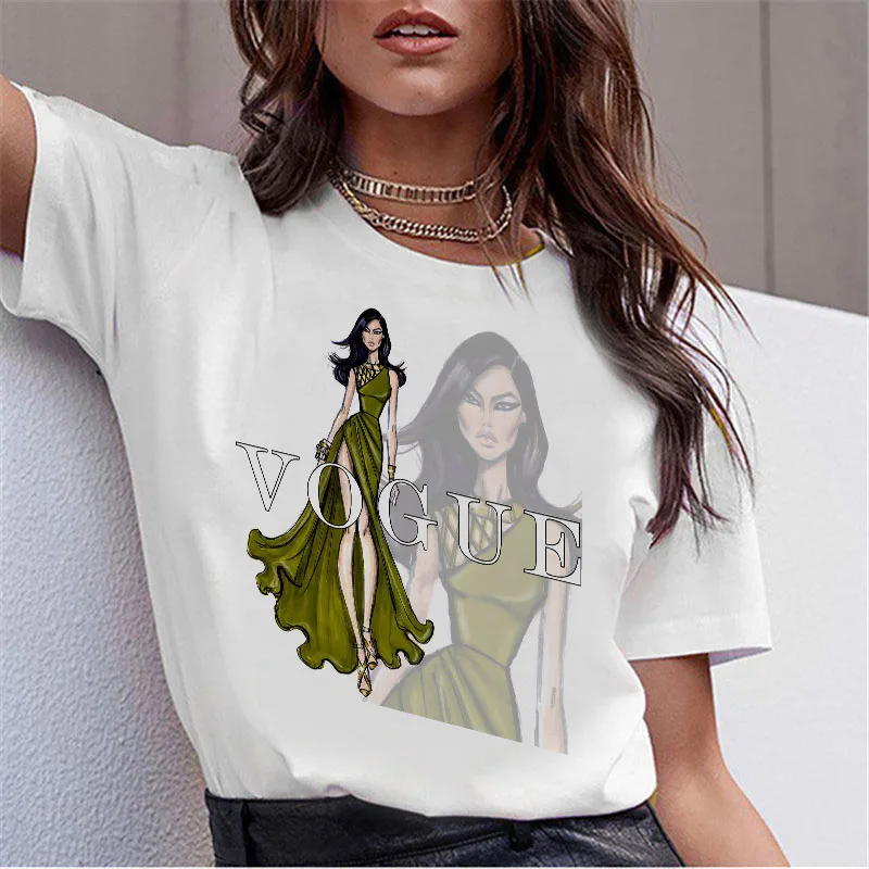 

Showtly Sexy women T-shirt Office tshirt VOGUE women with green dress print casual o-neck female t-shirt Ladies short sleeve top