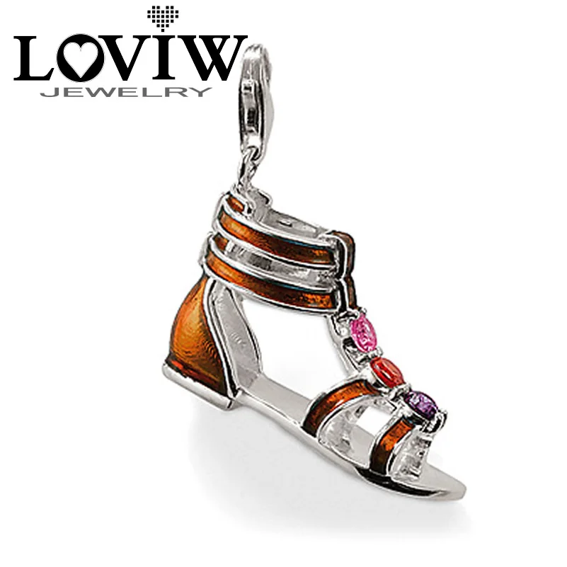 

3D brown enamel Sandal charm pendant with red zirconia spring clasp Fashionable diy fashion silver shoe pendants thomas sabor