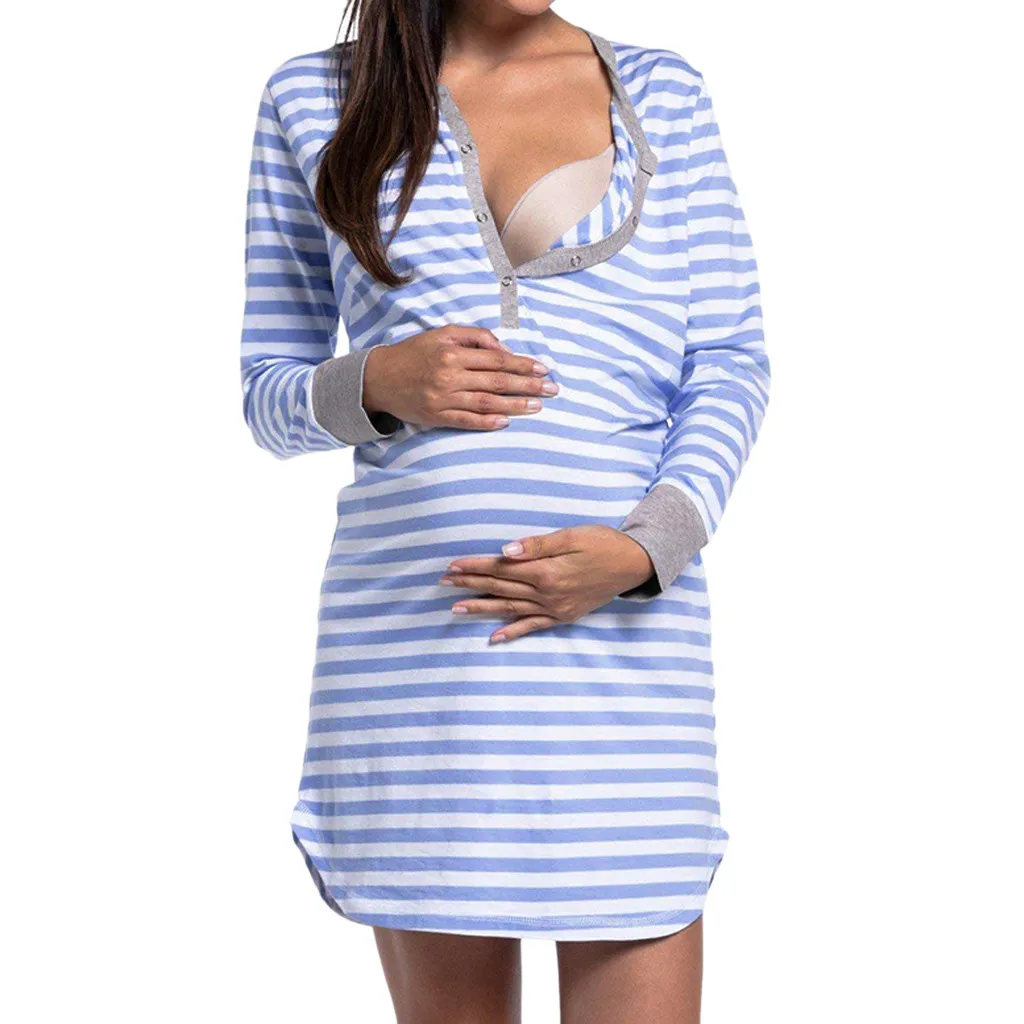 Женское платье для беременных, с длинным рукавом, на пуговицах, ночная рубашка для кормления ребенка, в полоску, для беременных, для грудного вскармливания, Мягкое повседневное платье для мамы#520