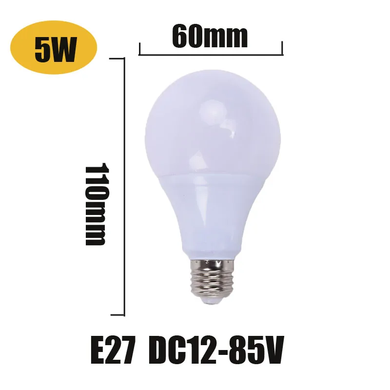 DC светодиодный лампы 12v Светодиодный светильник 24v светодиодный свет е-байка 36В светодиодный лампада ампулы Bombilla 48v для солнечного света Кемпинг мой свет или ночь Рынок - Испускаемый цвет: e27 5w dc12v-85v