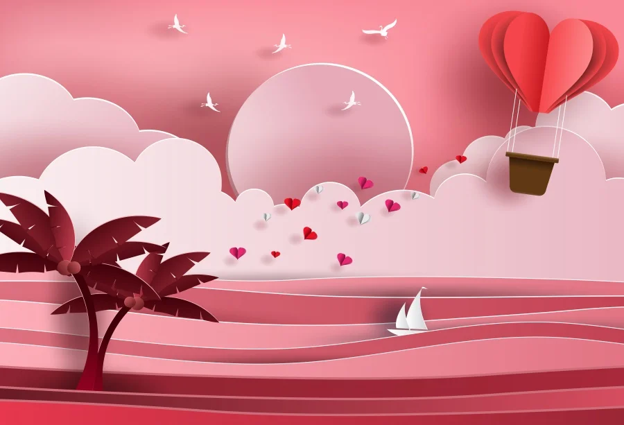 

Laeacco Cartoon Clouds Love Heart Hot Air Balloons Valentine's Day Photography Background Customized Backdrops For Photo Studio