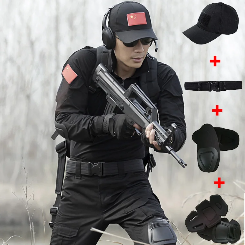 

Black Uniform Military Men Hunting Clothing Tactical Combat Shirt With Elbow Pads Tactico Pants With Knee Pads Hunting Clothes