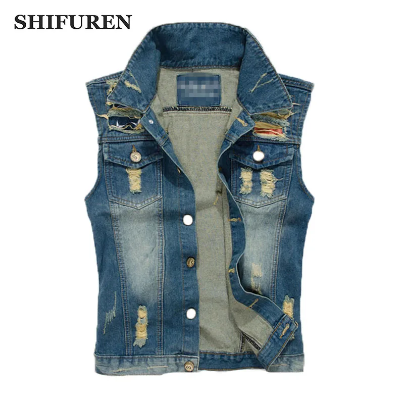 

SHIFUREN Big Size M-5XL Ripped Jeans Vest Motorcycle Biker Cotton Denim Vest Male Single Breasted Cowboy Frayed Waistcoat