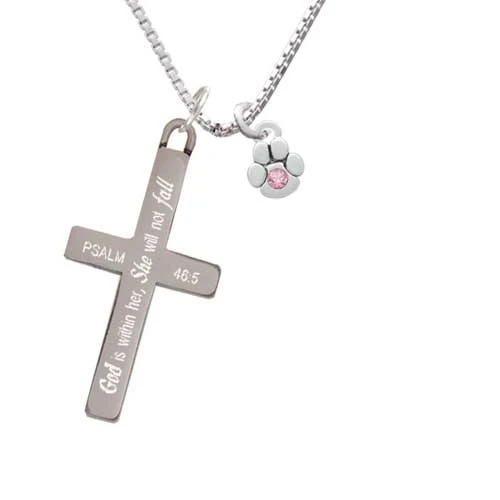 Mini Paw with Pink Crystal - She will not Fall - Cross Necklace (1)
