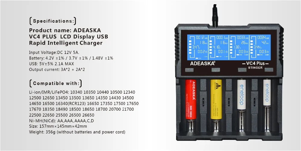 XTAR VP4 Smart Intelligent LCD Battery Charger 4 Slot Universal for 18650