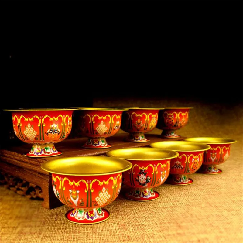 8pcs/Set Alloy Metal Tibetan Supply Buddhist 6cm Hand Painted Craft Eight Auspicious Symbol Sacrifice Cleaned Bowel/Cups Sets 4