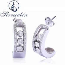 Slecabin совместимы с европейскими ювелирными изделиями, Оригинальные 925 пробы серебряные серьги-гвоздики с прозрачным CZ и перемещенным камнем для женщин