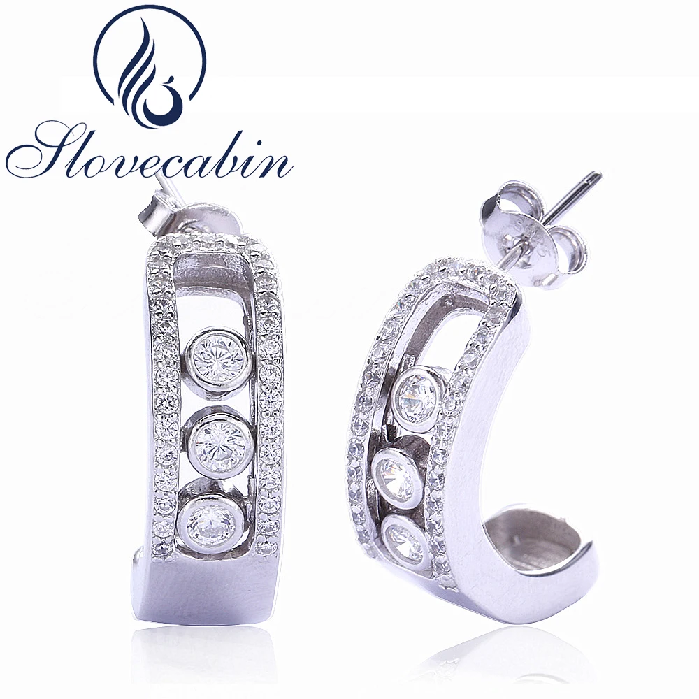 

Slovecabin Compatible With European Jewelry Original 925 Sterling Silver Stud Earrings With Clear CZ & Moved Stone For Women