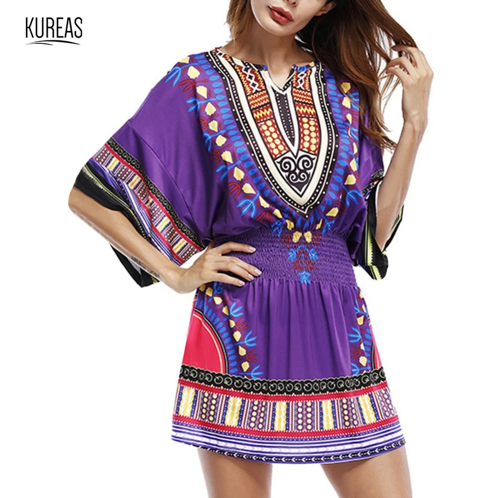 

Kureas African Summer Dresses Dashiki National Print Short Kanga Mini Dress Elastic Waist Plus Size Women Clothing