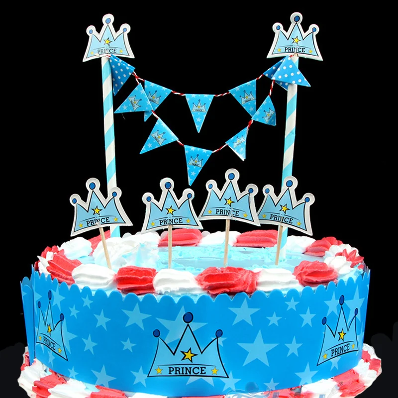 

New arrival Blue Star Prince Crown Design Cartoon Paper cake wrapper flag Topper for Birthday Cake Party Decoration Supplies