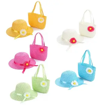 

2pcs/set Summer Girls Sun Hat with Tote Bag Kids Outdoor Beach Sunscreen Straw Cap Handbag Flower Fisherman Hats Kids Photo Prop