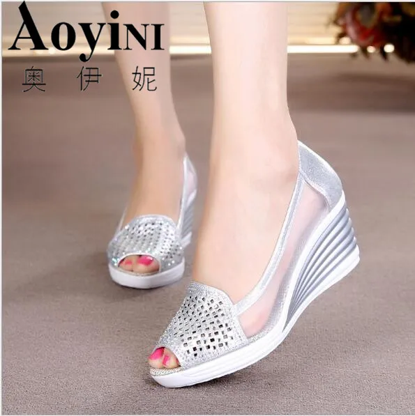 

Fish Mouth Wedge Sandals 2019 Summer New Women's Shoes Rhinestones OL Hollow Net Shoes