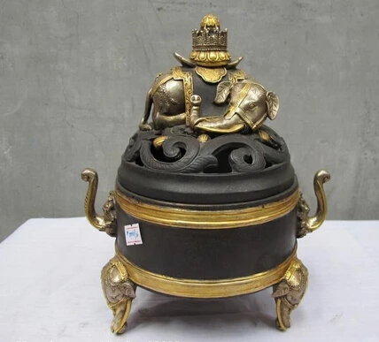 

bi002011 100% purple Bronze 24K Gold Gild Buddhism Elephant Zun incense burner Censer
