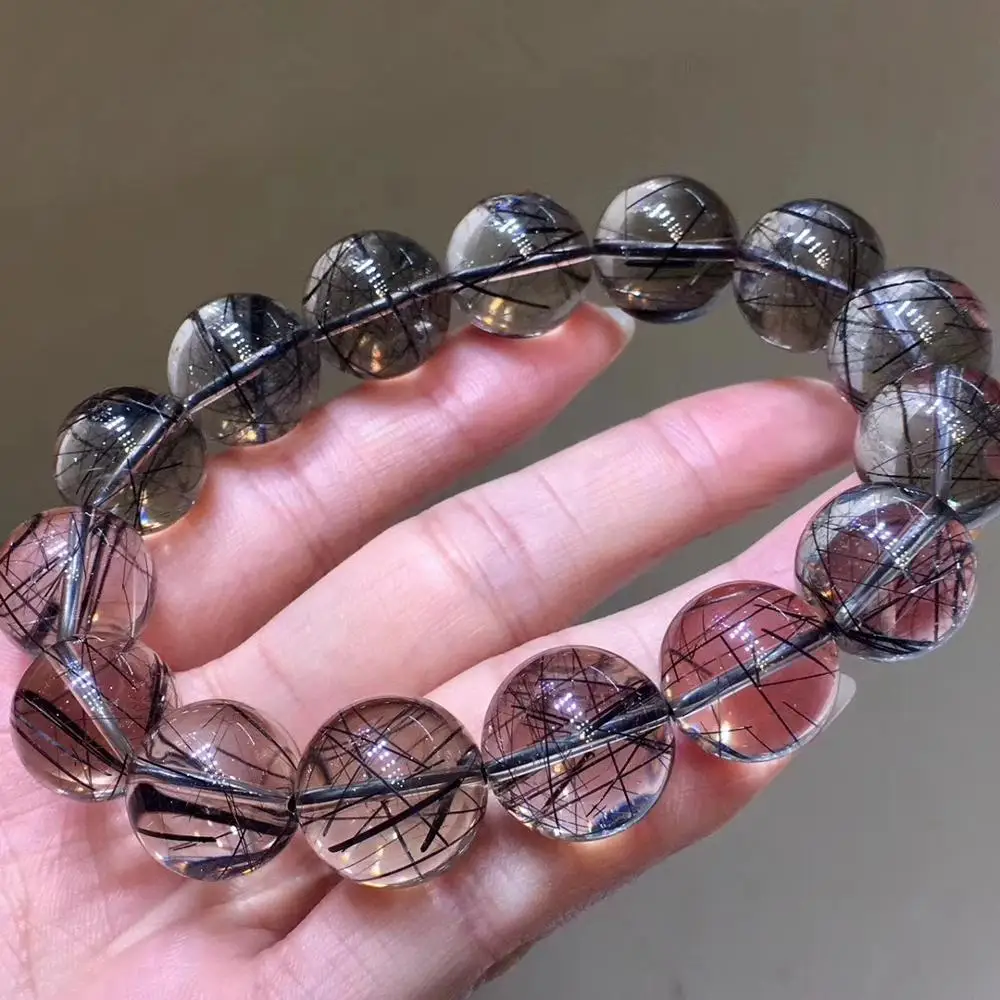 

15mm Genuine Natural Black Hair Rutilated Quartz Crystal Women Men Clear Round Beads Wealthy Stone Bracelet From Brazil AAAAA