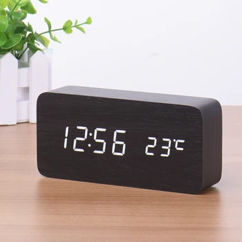 

Wooden LED Digital USB Alarm Clock Temperature Kids Bedroom Electronic Sound Control Square Desktop Table Clock Decor LZH567