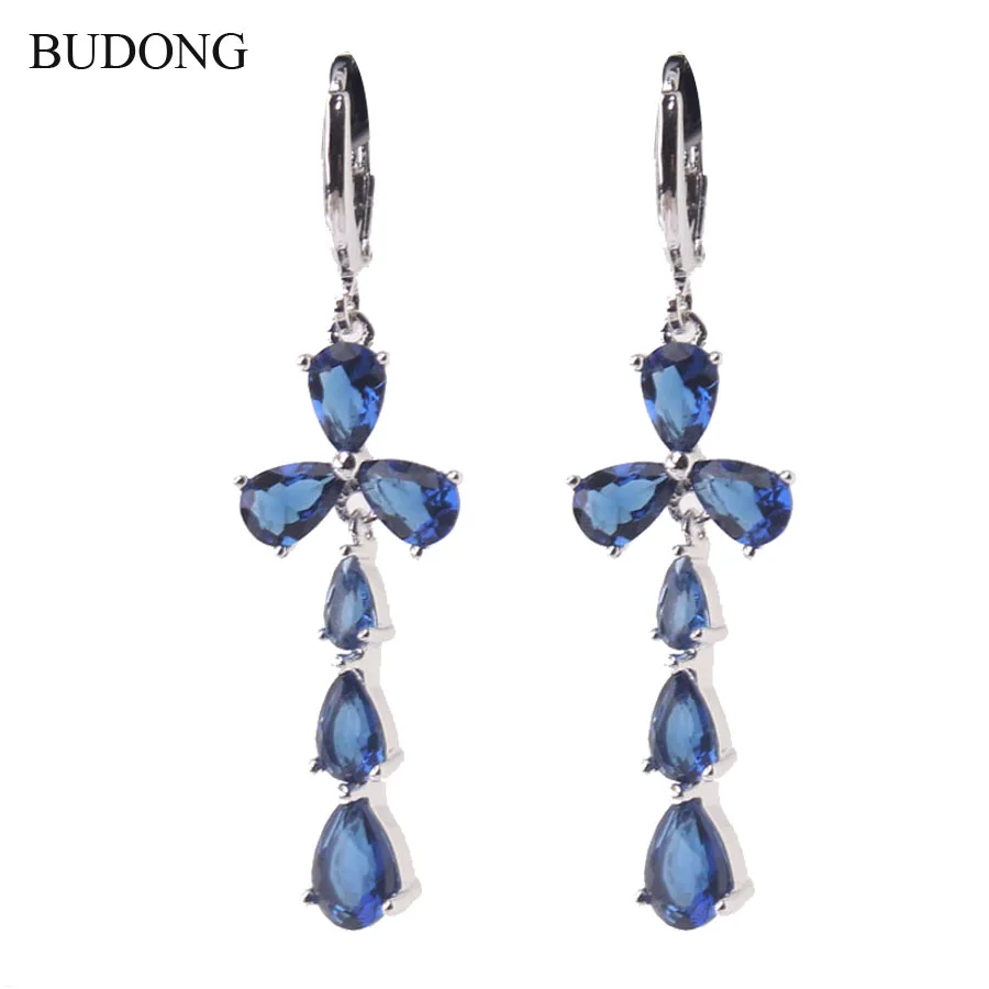 Женские длинные серьги BUDONG Infinity Cross Leaves серебристые и синие с кристаллами в виде