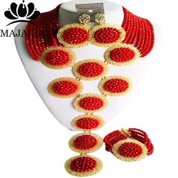 

Trendy Nigeria Wedding Red african beads jewelry set crystal necklace bracelet earrings Free shipping Majalia-007