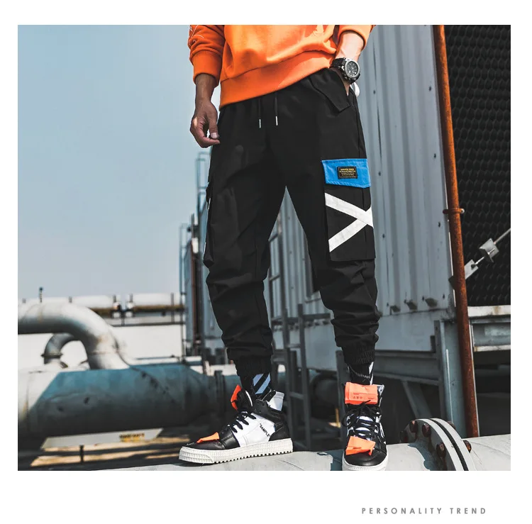 

2019 New Hip Hop Pants Men Cargo Pockets Pants Trousers Streetwear Solid Cotton Loose Bottom Sweatpants