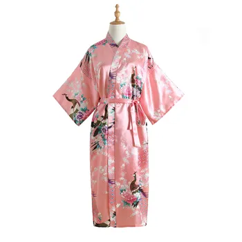 

Sexy Bride Wedding Nightwear Pink Lady Kimono Bathrobe Intimate Lingerie Nightgown Gown Satin Sleepwear Peacock Home Clothes