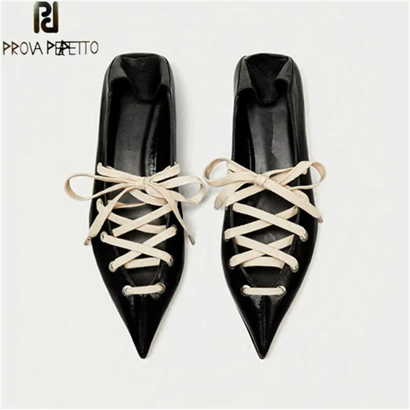 

Prova Perfetto Spring Real Leather Shoe Lace Pointed Toe Flat Shoes Zapatos Mujer Tacon Escarpins Large Size Flat Women Loafers