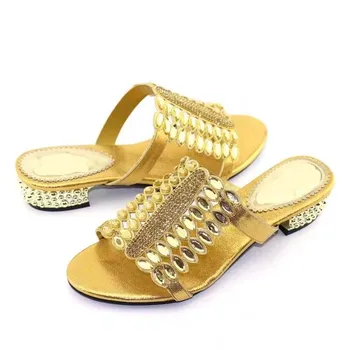 

Beautiful big crystal design women shoes with rhinestone decoration African ladies sandals for dressing V5669 Gold