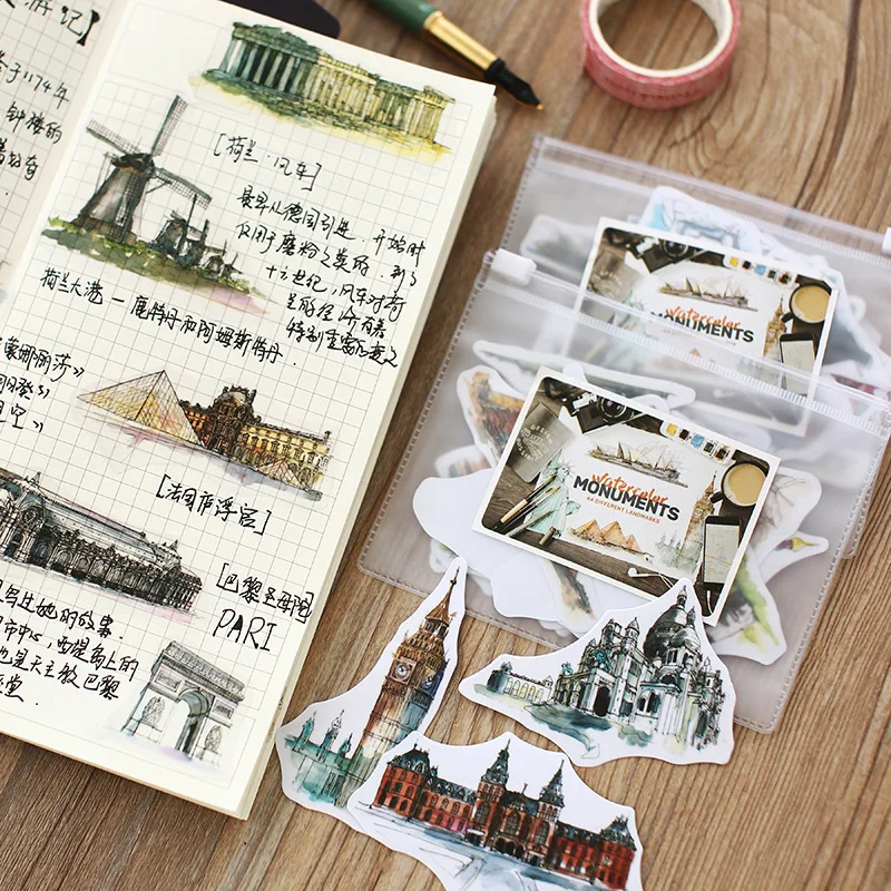 

Travel Around The World Watercolor Hand-Painted Building Decorative Stickers Adhesive Stickers DIY Decoration Diary Stickers