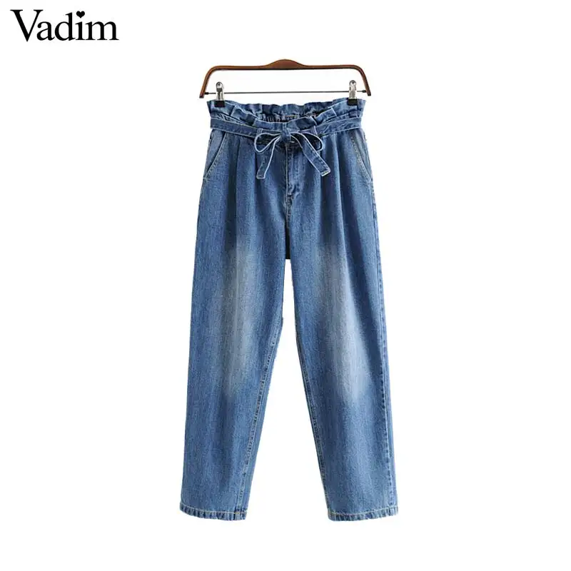 

Vadim women casual jeans pockets bow tie sashes high waist female ankle length denim trousers pantalones mujer KA896