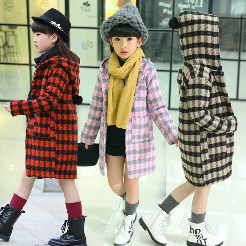 

Girls Autumn Winter Casual Woolen Houndstooth Overcoat Kids Clothes Teens Woolen Jacket Long Sleeves with Hat Plaid Outerwear