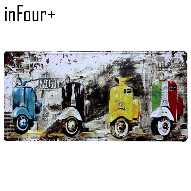

Four Motorcycles License Plate Metal Plate Car Number Tin Signs Bar Pub Cafe Home Decor Metal Sign Garage Painting Plaques Signs