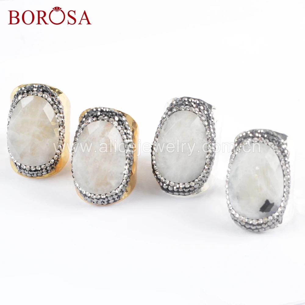 

BOROSA 6PCS Fashion Gold/Silver Color Natural White Stone Faceted Rings Crystal Paved Black Zircons Fashion Jewelry JAB948
