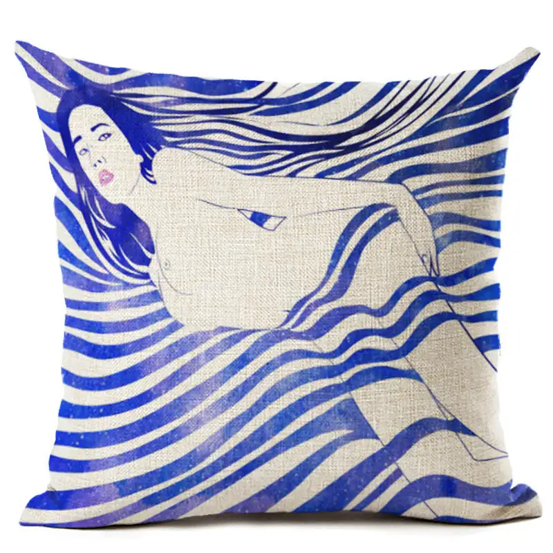Blue Sea Printed Sexy Zara*Women Cushion Cover Decor Linen Wave Throw Pillow Covers Beauty Girls Pillowcases Funda Cojin 45 * 45