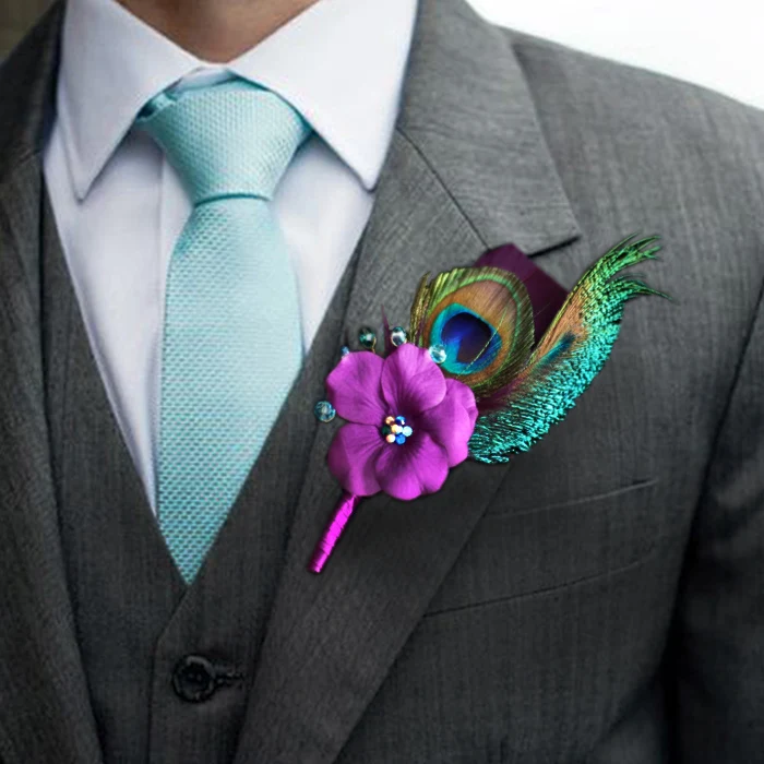 

DIY Private customization senior groom corsages Peacock feather boutonniere Purple blue Men best man boutineer crystal handmade