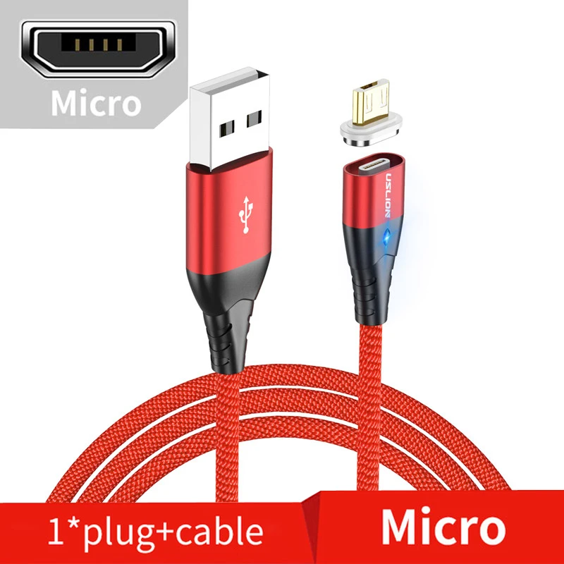 Магнитный кабель USLION Micro USB Type C для iPhone XS Max XR Samsung S10 3A кабель для быстрой зарядки Type-C Магнитный кабель для зарядки 1 м 2 м - Цвет: Red Micro