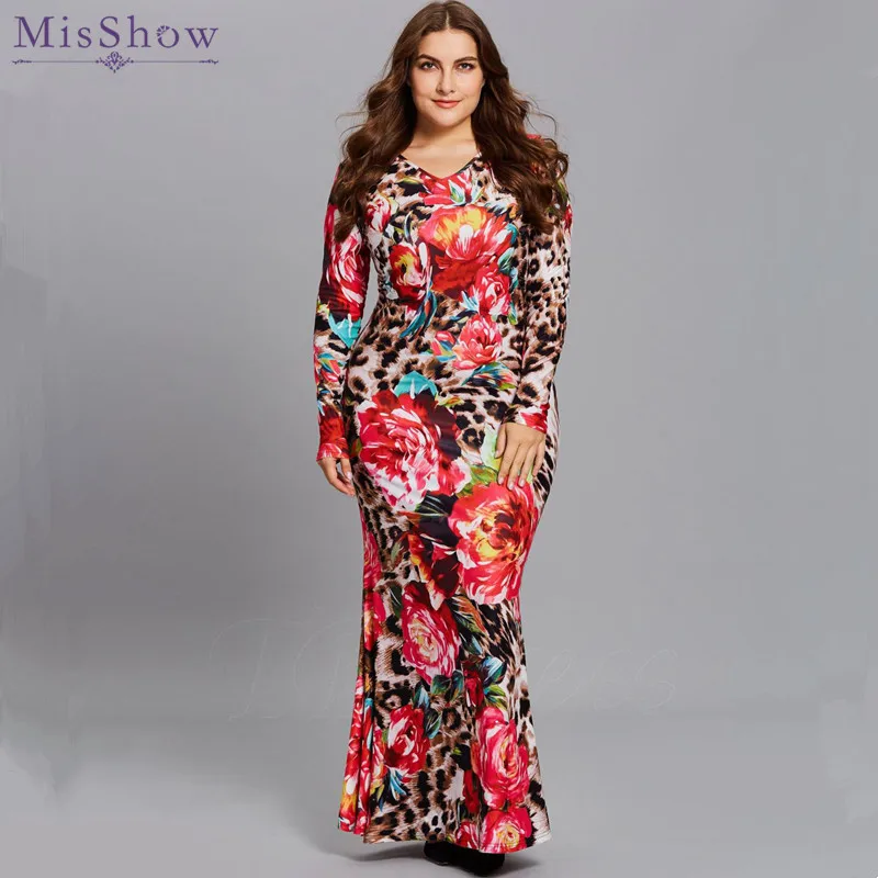 

Misshow Plus Size Leopard Printed Women Maxi Dress Autumn Winter Long Sleeve Floral Bodycon Dress Women Back Zipper Robe Femme