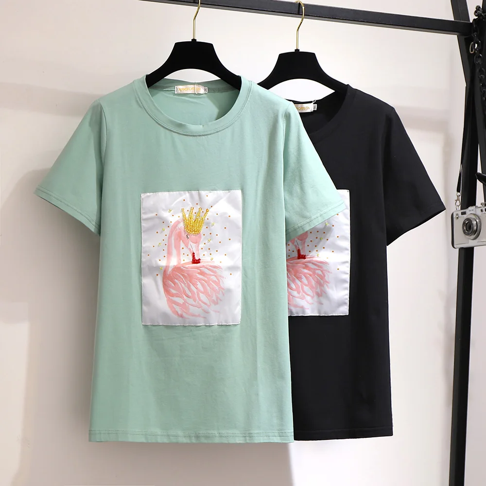 

Women's Summer Short Sleeve Cotton T Shirt Maxi 6xl Crown Sequins EmbroideryT-Shirt Print TShirt Swan Womens Tops