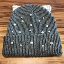 Зимние шапки для женщин, жемчужные шапки, вязаные, одноцветные, милые кошачьи ушки, шапка для девочек, женская шапочка, s теплые шапки, Женская Повседневная шапка