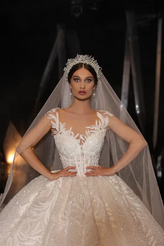 Vestido de noiva 2019 Бальное Платье Свадебное кружево сверкающих блесток ткань Роскошные свадебные платья с развертки Длина вуаль