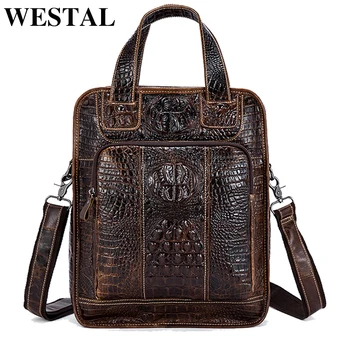 

WESTAL men's genuine leather shoulder bag crocodile pattern laptop vertical handbags crossbody bags for men document design tote