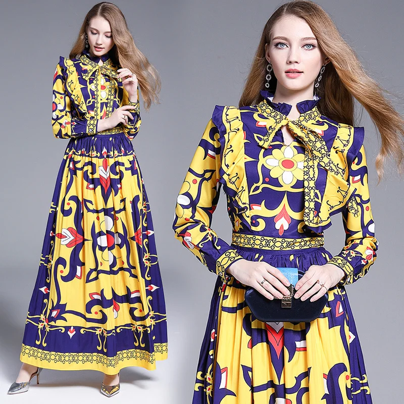 

New 2019 Summer Fall Runway Floral Print Ruffle Collar Tie Neck Long Sleeve Empire Waist Women Ladies Casual A-Line Maxi Dress