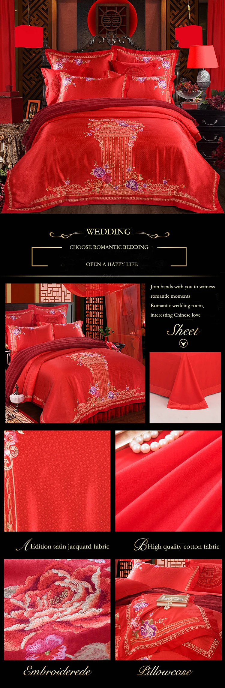 2018 luxury bedding set king size cotton romantic love wedding bed cover festive embroidery duvet cover bed sheets 4pcs red bed linen drap de lit 8