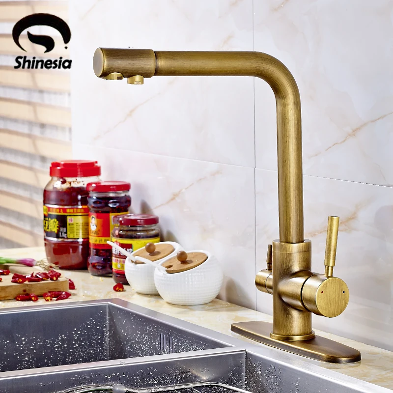 Buy Antique Brass Double Lever Kitchen Sink Faucet Purification Mixer Tap with