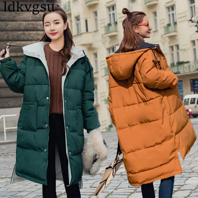 

2018 Both Two Sides Wear Hooded Women Winter Jackets Oversize Long Female Jacket Coat Warm Thicken Parkas Chaqueta Mujer A1443