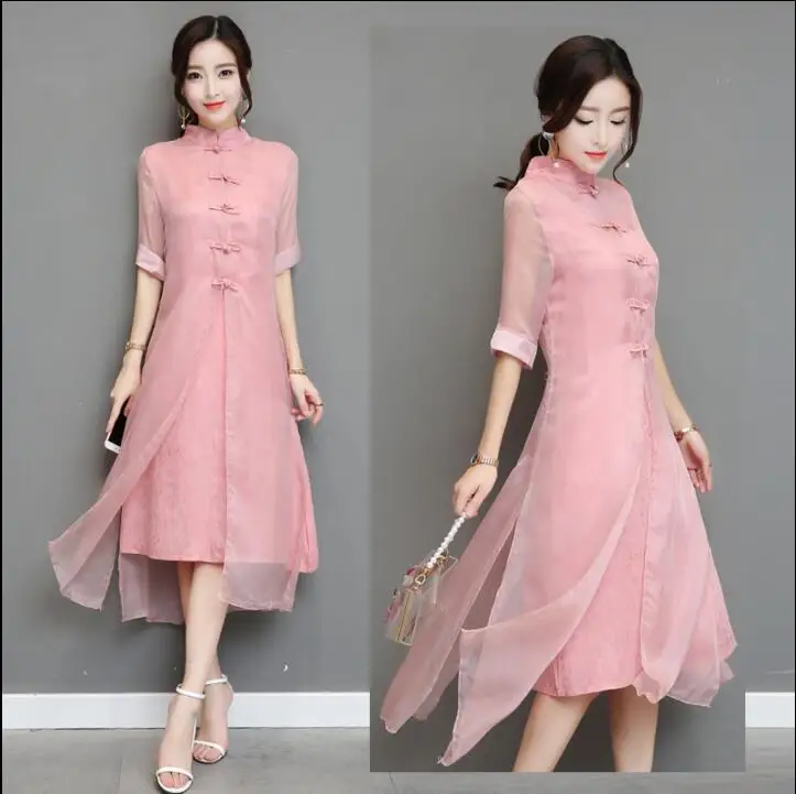 

2018 New Ao Dai cheongsam folk style Vietnam Chiffon Women Chinese Traditional Dress Summer
