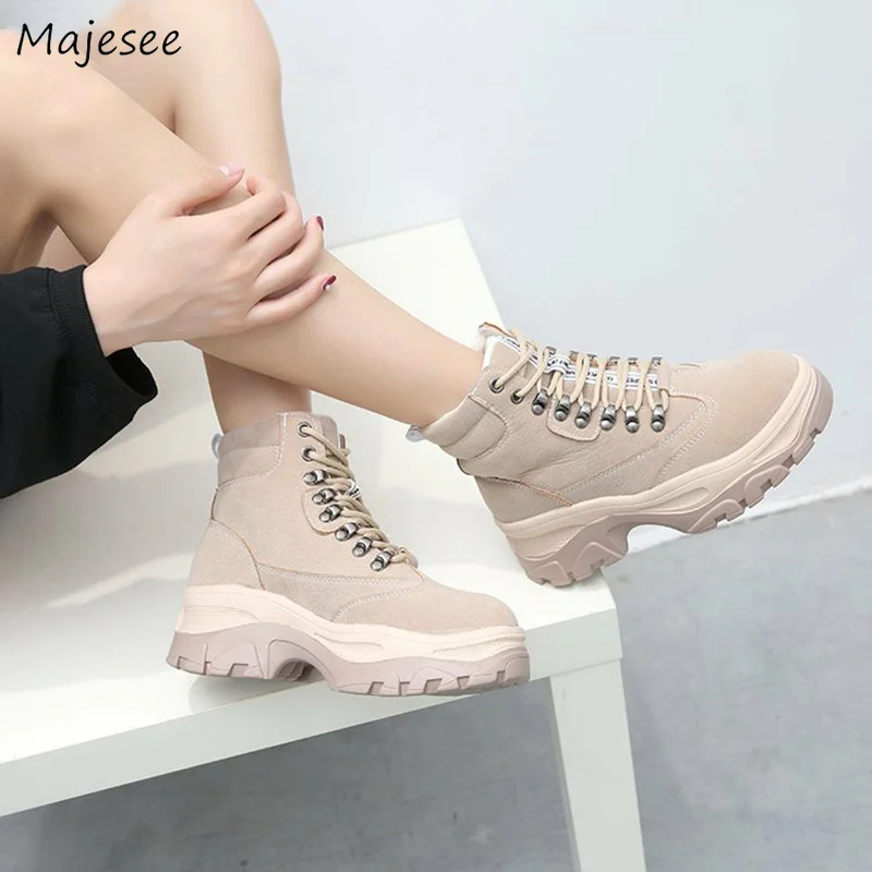 

Boots Women Korean Retro Simple Lace-up Thick Bottom Flock Womens Thicker Leisure Warm All-match Motorcycle Boot Female Shoes