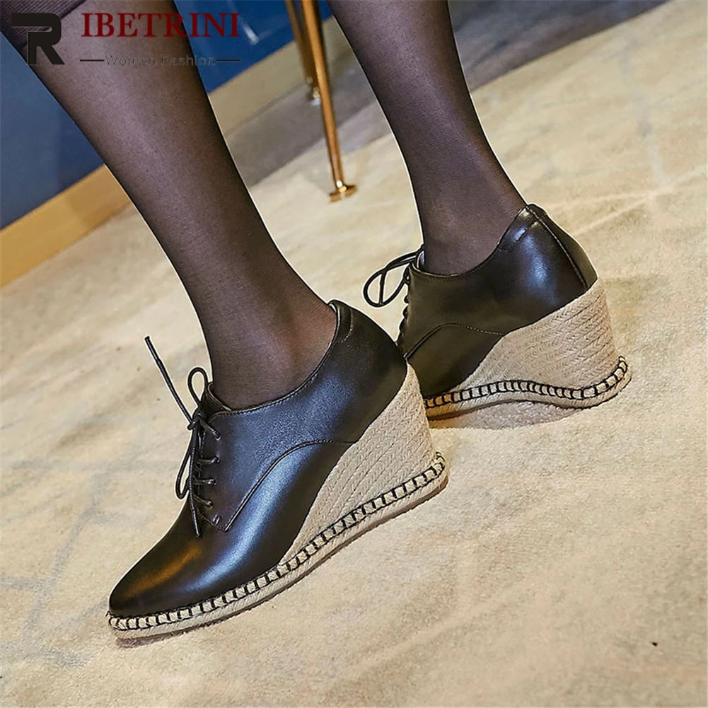 

RIBETRINI Brand Design Genuine Leather Wedges Woman Shoes Girls Lace Up Straw Elegant High Heels Office Lady Shoes Woman Pumps