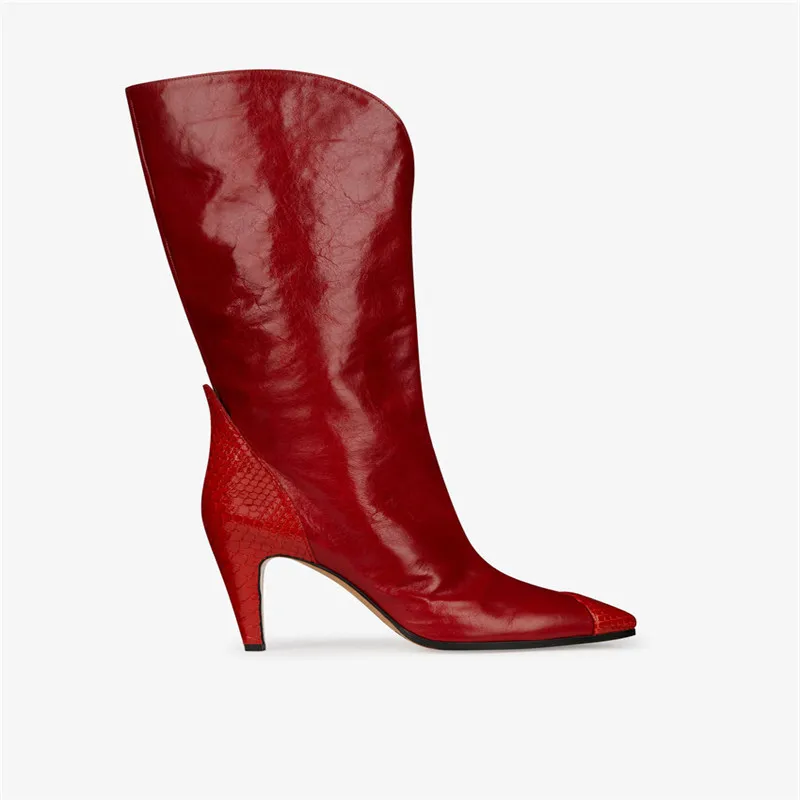 Новые модные пикантные женские высокие сапоги с острым носком обувь для подиума смешанных цветов Большие размеры 34-48 - Цвет: RED