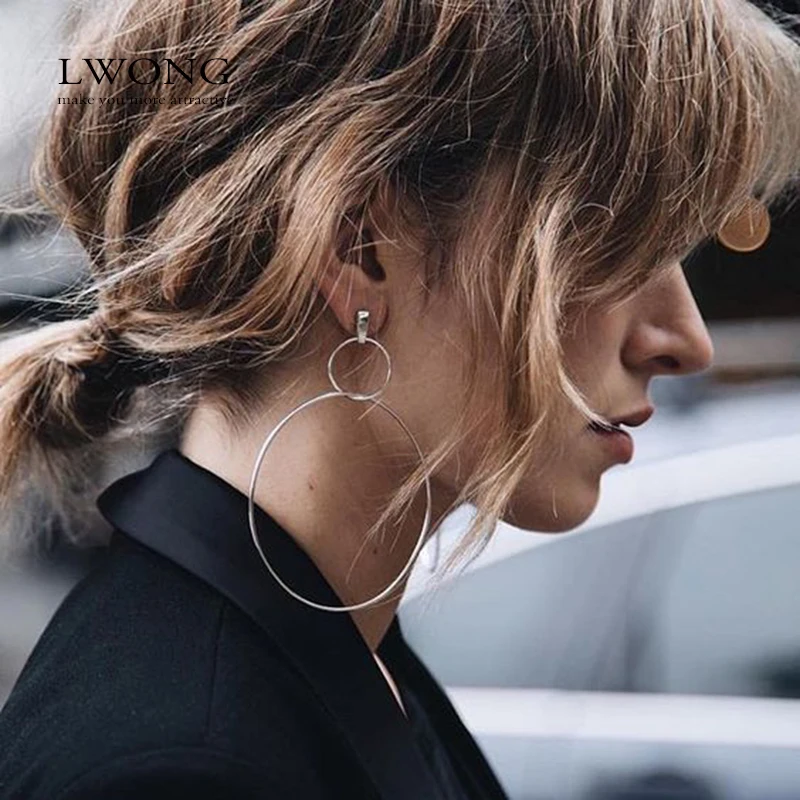 

LWONG Street Style Large Double Hoops Earrings Fashion 2017 Geometrical Jewelry Silver Color Double Circle Earrings for Women