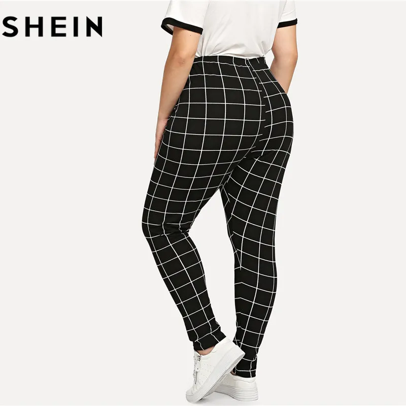 SHEIN черно белые клетчатые женские леггинсы размера плюс со средней талией осенне