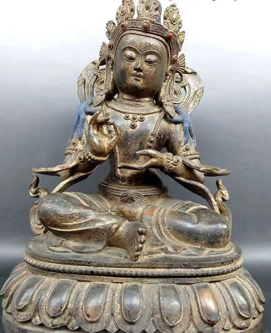 

15" Old pure bronze gild Tibet buddhism Green Tara Kwan-yin buddha Statue