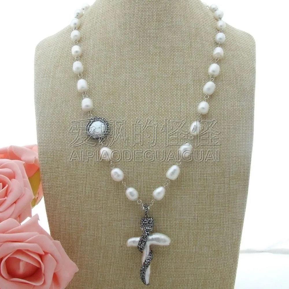 N011705 25'' 37x57MM Rice Pearl Necklace Cross Pearl Pendantin Chain